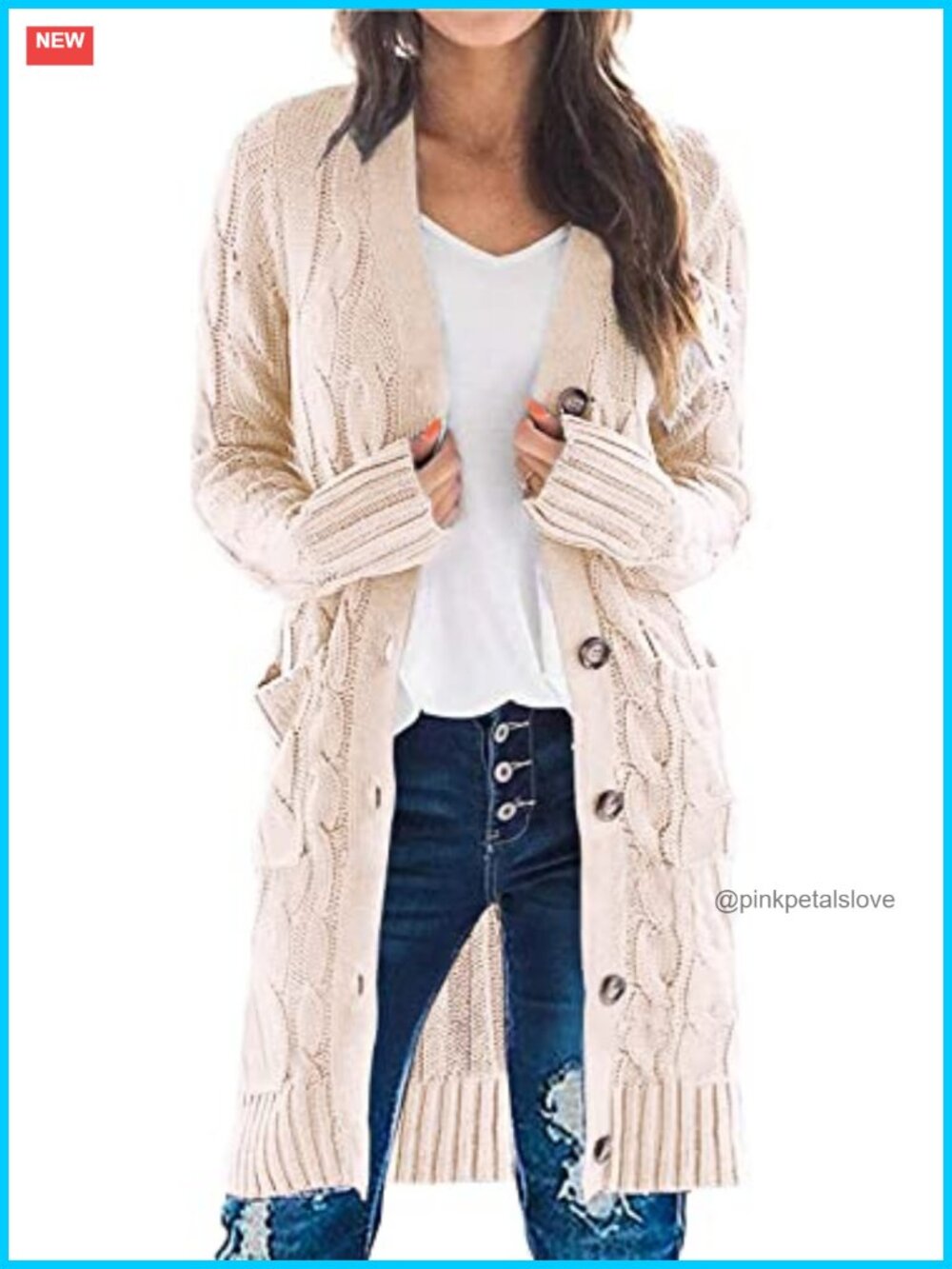 Cable Knit Button Down Long Cardigan Sweater with Pockets